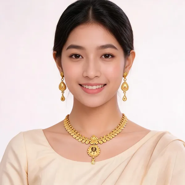 Gold_Plated_Traditional_Floral_Necklace_And_Earrings_Set_For_Women