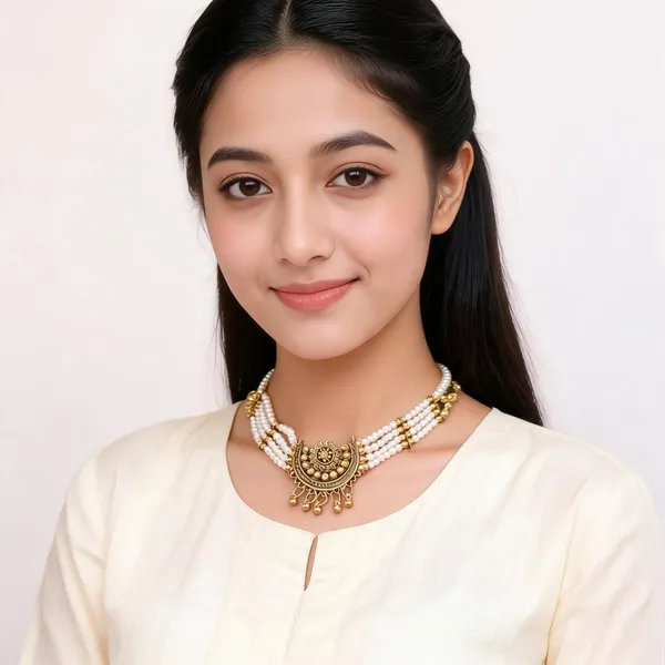 White_Beaded_Gold-Plated_Choker_Necklace_Set_For_Women