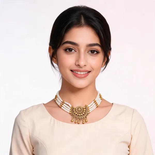 White_Beaded_Gold-Plated_Choker_Necklace_Set_For_Women