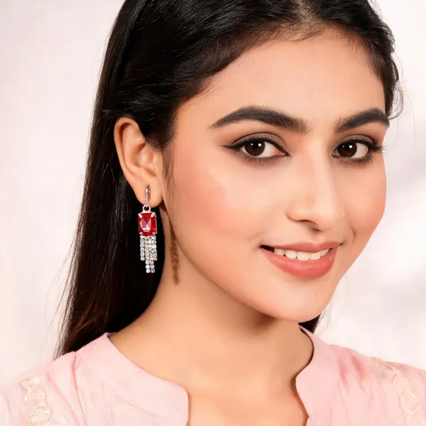 Red_Stone_Tiered_Fringe_Drop_Earrings_For_Women