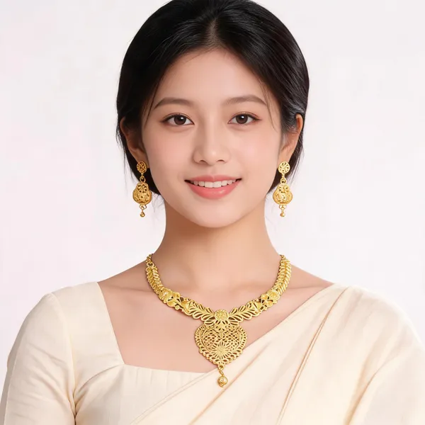 Gold_Plated_Filigree_Heart_Necklace_And_Earrings_Set_For_Women