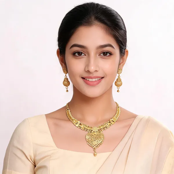 Gold_Plated_Filigree_Heart_Necklace_And_Earrings_Set_For_Women