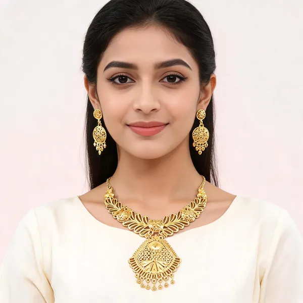 Gold_Plated_Filigree_Floral_Necklace_Set_For_Women
