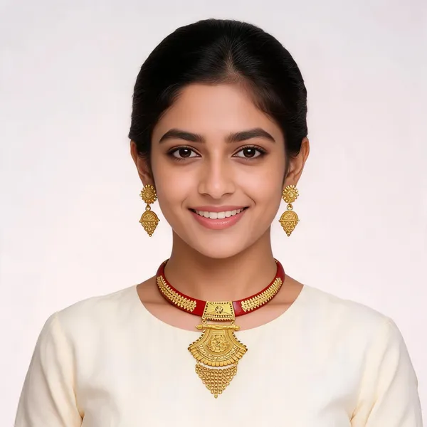 Gold-Tone_Brass_Embossed_Floral_Necklace_Set_For_Women