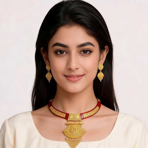 Gold-Tone_Brass_Embossed_Floral_Necklace_Set_For_Women