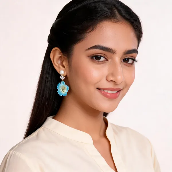 Blue_Floral_Pearl_Accent_Gold-Tone_Drop_Earrings_For_Women