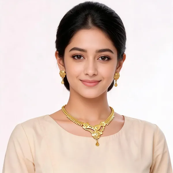Gold_Plated_Floral_Teardrop_Necklace_Set_For_Women