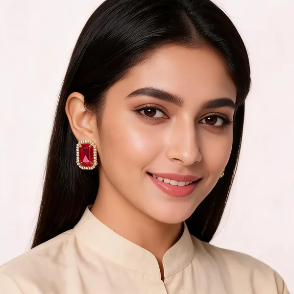 Red_Gold-Tone_Rectangular_Faceted_Stone_Stud_Earrings_For_Women
