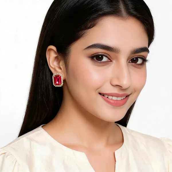 Red_Gold-Tone_Rectangular_Faceted_Stone_Stud_Earrings_For_Women