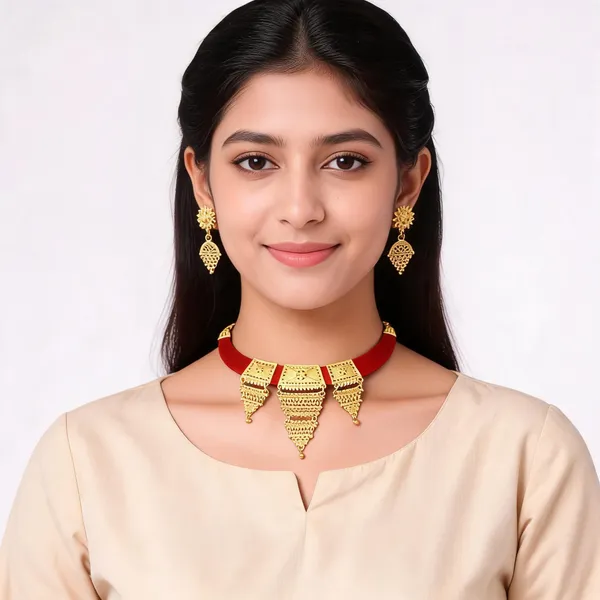 Red_Brass_Velvet_Gold_Tone_Floral_Choker_Necklace_Set_For_Women
