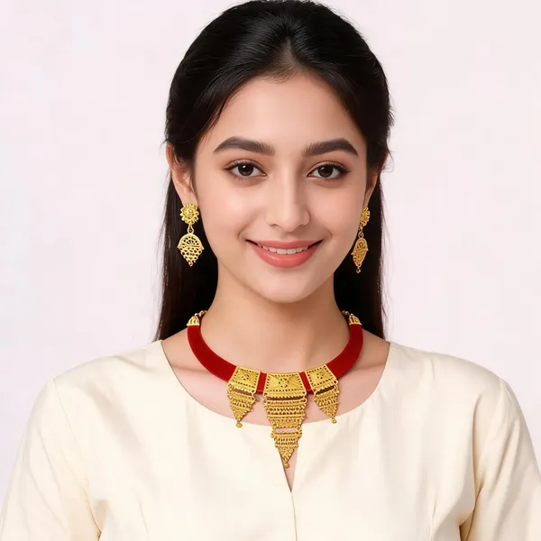 Red_Brass_Velvet_Gold_Tone_Floral_Choker_Necklace_Set_For_Women