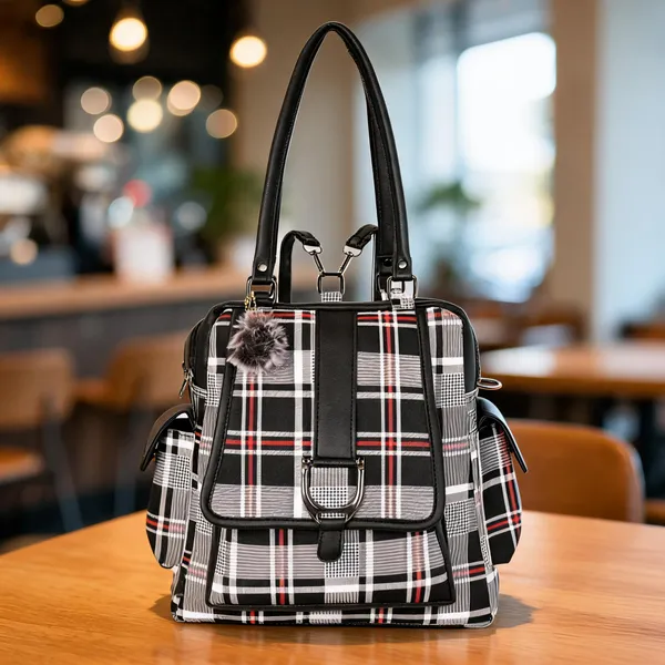 Black_Faux_Leather_Plaid_Convertible_Backpack_For_Women