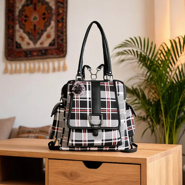 Black_Faux_Leather_Plaid_Convertible_Backpack_For_Women