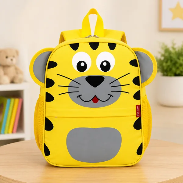 Yellow_Faux_Leather_Tiger_Print_Backpack_For_Kids