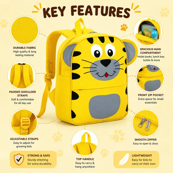 Yellow_Faux_Leather_Tiger_Print_Backpack_For_Kids