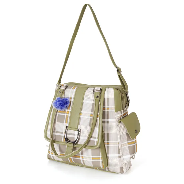 Khaki_Faux_Leather_Plaid_Convertible_Laptop_Backpack_For_Women