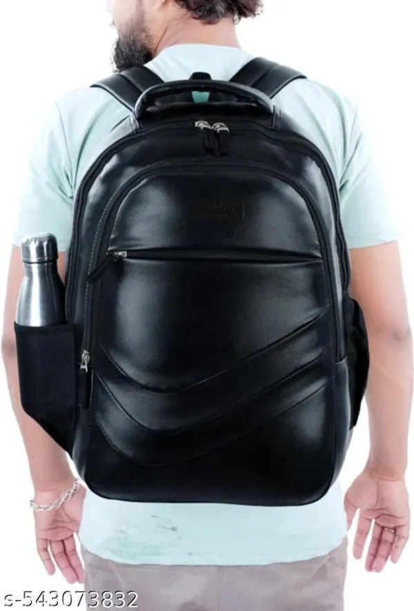 Black_Faux_Leather_Solid_Backpack_With_Laptop_Pocket_For_Men
