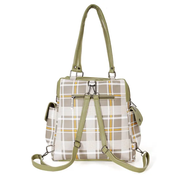 Khaki_Faux_Leather_Plaid_Convertible_Laptop_Backpack_For_Women