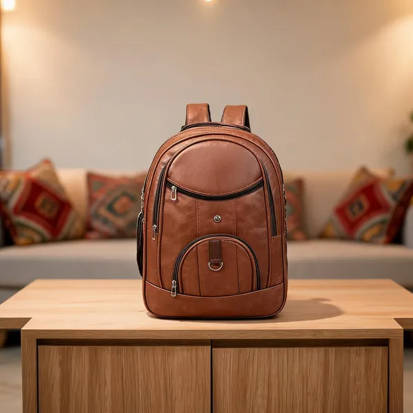 Tan_Faux_Leather_Multi_Pocket_Laptop_Backpack_For_Men