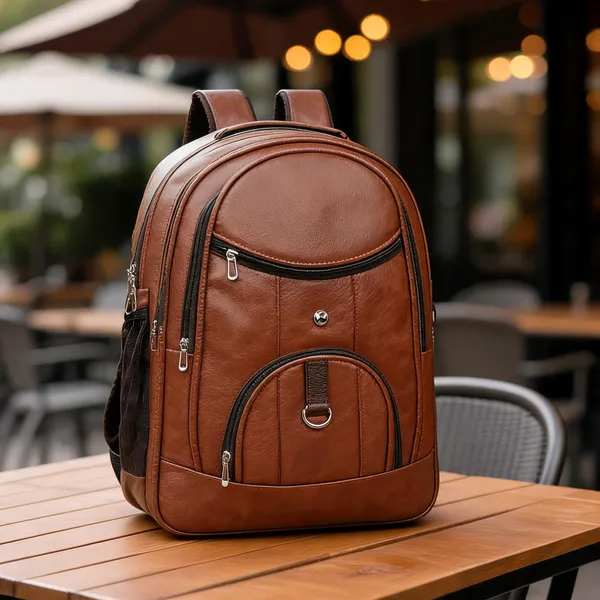 Tan_Faux_Leather_Multi_Pocket_Laptop_Backpack_For_Men