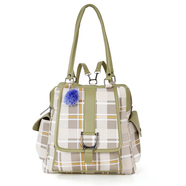 Khaki_Faux_Leather_Plaid_Convertible_Laptop_Backpack_For_Women