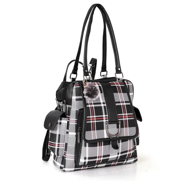 Black_Faux_Leather_Plaid_Convertible_Backpack_For_Women