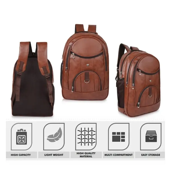 Tan_Faux_Leather_Multi_Pocket_Laptop_Backpack_For_Men