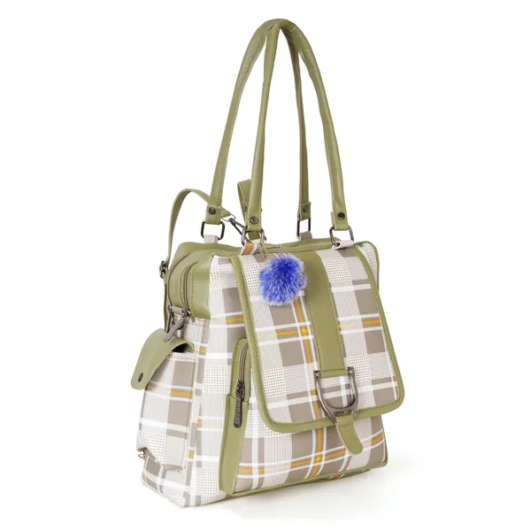Khaki_Faux_Leather_Plaid_Convertible_Laptop_Backpack_For_Women