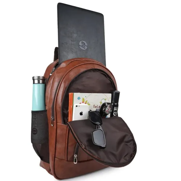 Tan_Faux_Leather_Multi_Pocket_Laptop_Backpack_For_Men