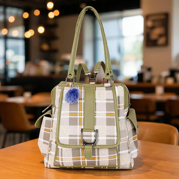 Khaki_Faux_Leather_Plaid_Convertible_Laptop_Backpack_For_Women