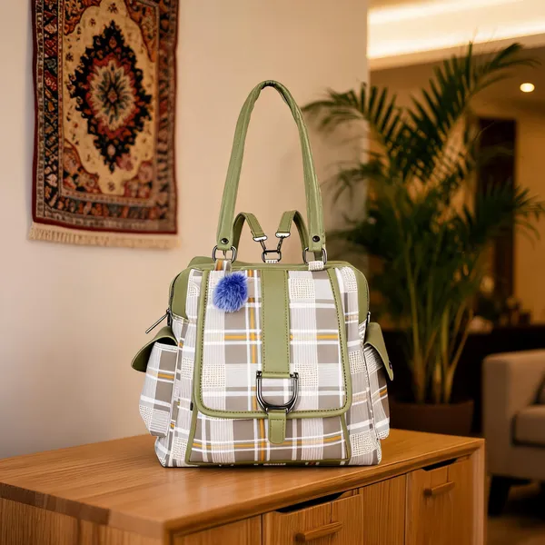 Khaki_Faux_Leather_Plaid_Convertible_Laptop_Backpack_For_Women