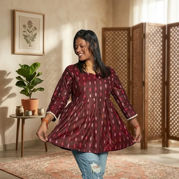 Handloomed_Maroon_Adult_Short_Kurti_For_Women