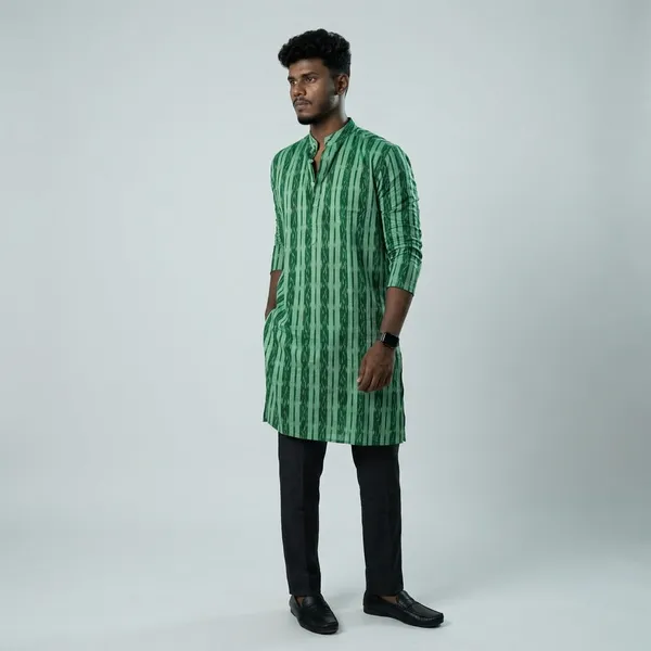 Green__And_White_Adult_Kurta_For_Men