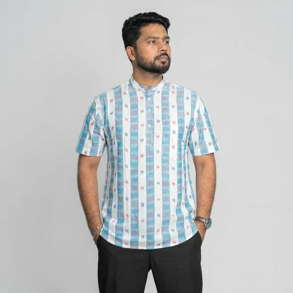 White__And_Blue_Adult_Short_Kurta_For_Men