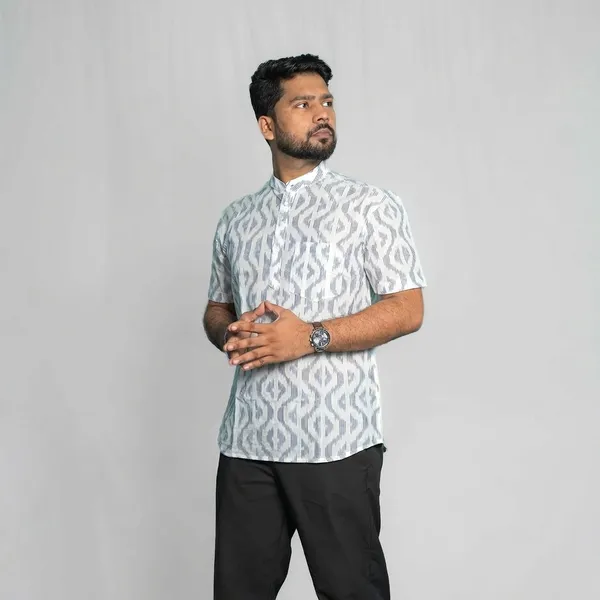 White__And_Blue_Adult_Short_Kurta_For_Men