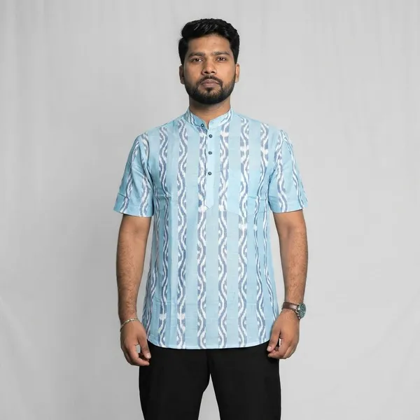 Blue__And_White_Adult_Short_Kurta_For_Men