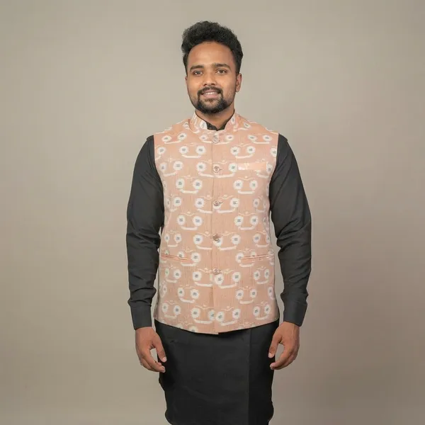 Peach__And_Black_Adult_Short_Kurta_Nehru_Jacket_For_Men
