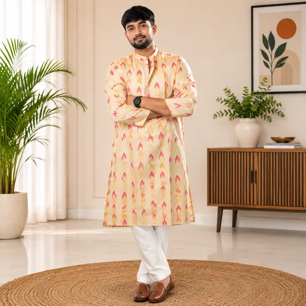 Handloomed_Peach_And_Yellow_Adult_Kurta_For_Men