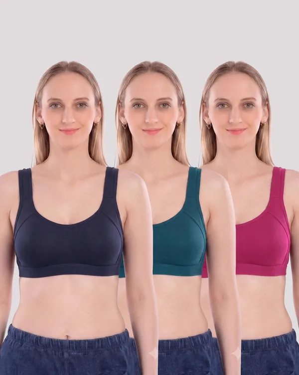 444-Plain-Sports-Bra-Navy,-Petrol-Blue,-Rani-Pink_Multicolor_Fitted_Sports_Bra_Set_For_Women