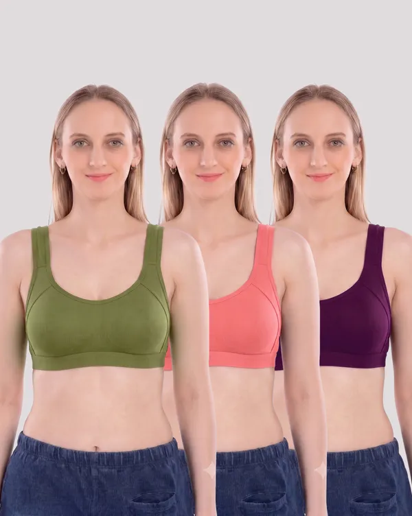444-Plain-Sports-Bra-Pista-Green,-Corel,-Dark-Purple_Multicolo_Sports_Bra_For_Women