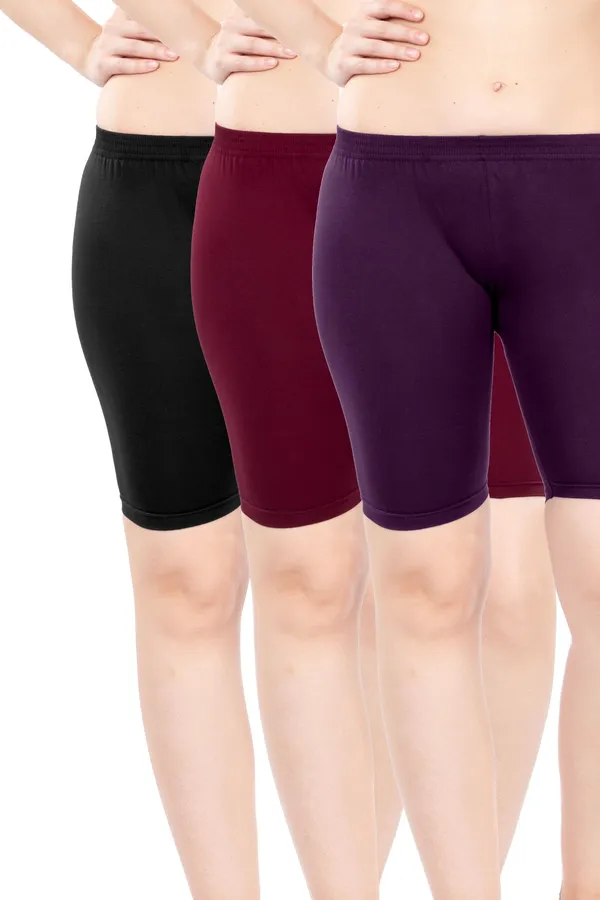 Cycling-Shorts---3-Pcs-Maroon,-Black,-Purple_Solid_Fit_Cycling_Shorts_Pack_Of_3_For_Women