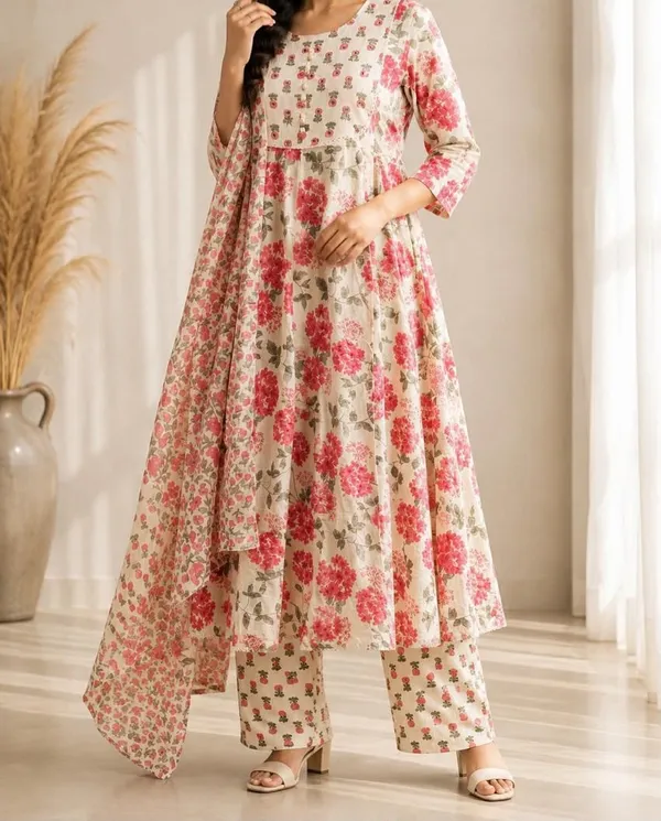 Cream_Floral_Print_Anarkali_Suit_Set_for_Women