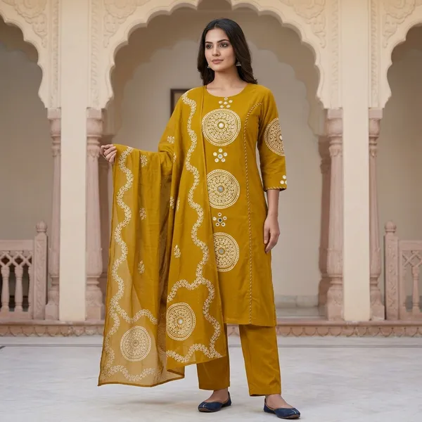 Mustard_Cotton_Printed_Kurta_Set_For_Women