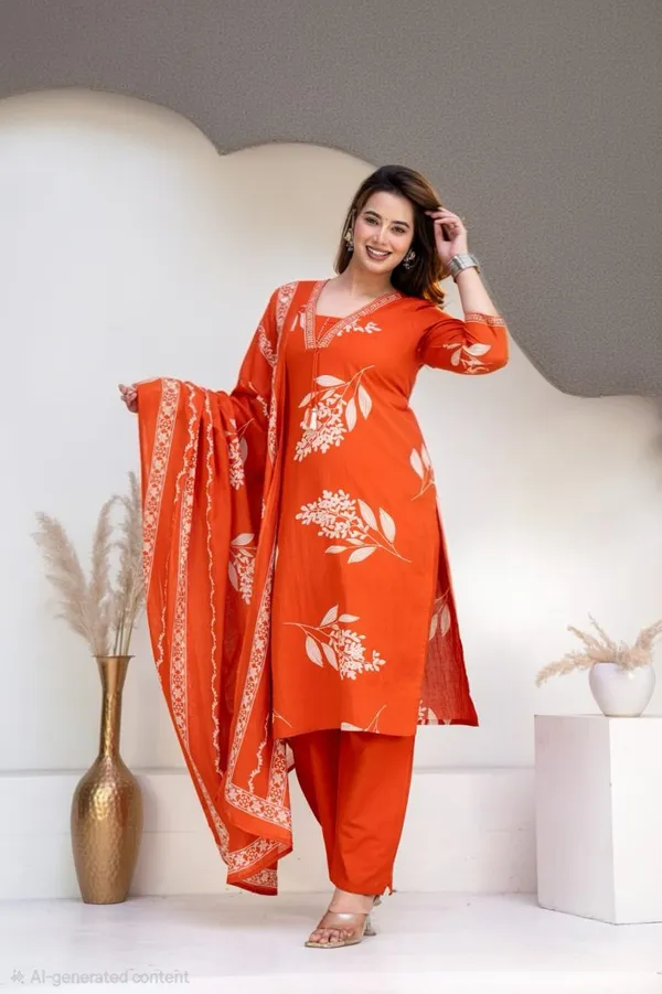 Orange_Floral_Print_Straight_Kurta_Set_for_Women