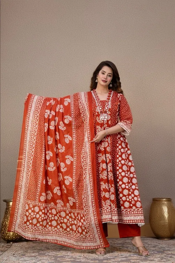Rust_Printed_Kurta_Set_With_Dupatta_For_Women
