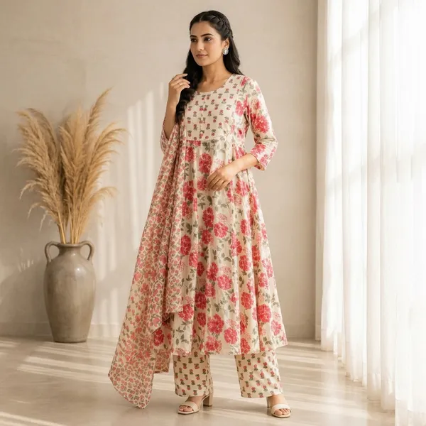 Cream_Cotton_Floral_Print_Anarkali_Kurta_Set_For_Women
