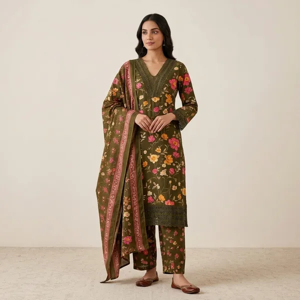 Green_Cotton_Floral_Print_Ethnic_Kurta_Set_For_Women