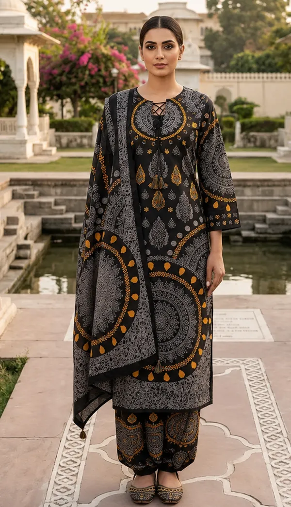 Black_Cotton_Printed_Kurta_Set_For_Women