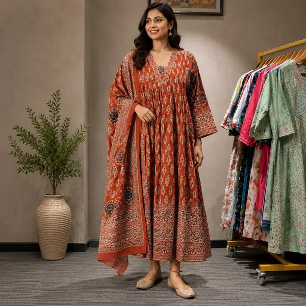 Rust_Cotton_Printed_Anarkali_Kurta_Set_For_Women
