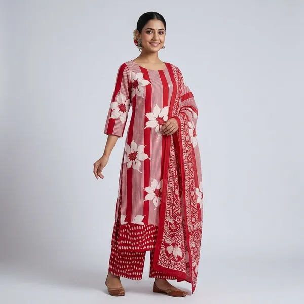 Red_Cotton_Floral_Print_Kurta_Set_For_Women